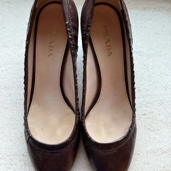 PRADA pumps block heel 39.5 brown chocolate gathered around leather - Picture 3 of 8